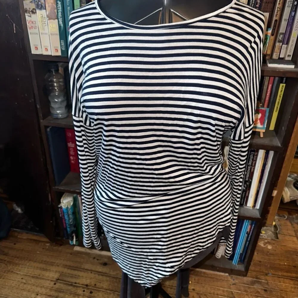 CAbi S boat stripe nautical asymmetrical hem knit top